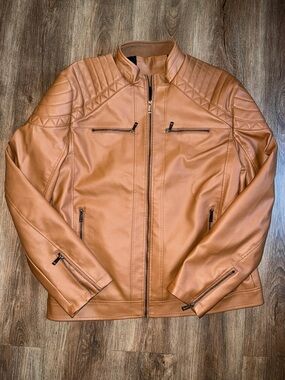 NWOT Men's Brown Faux Leather Quilted Moto Jacket
